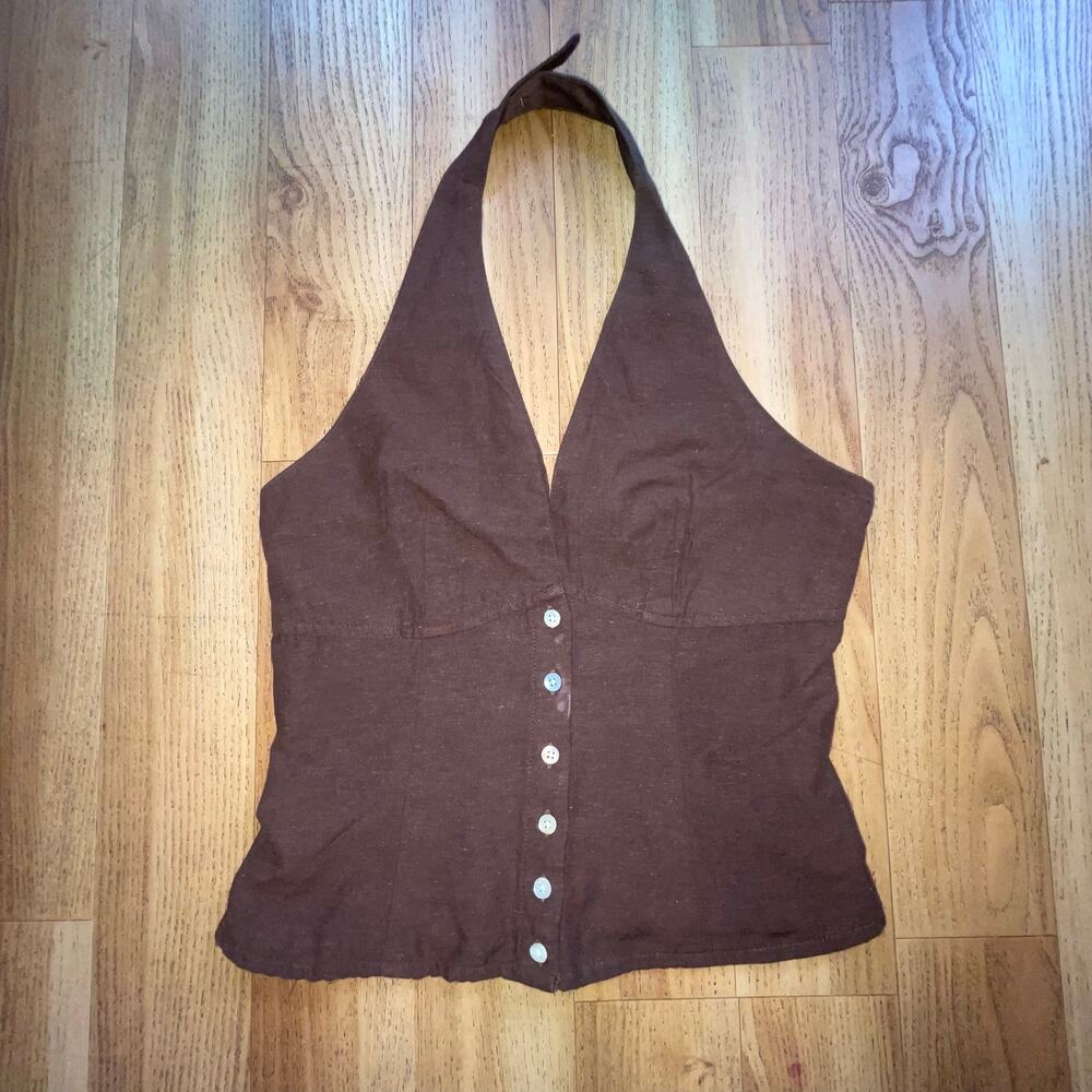 MIDNIGHT SKY Brown Halter Button Up Top